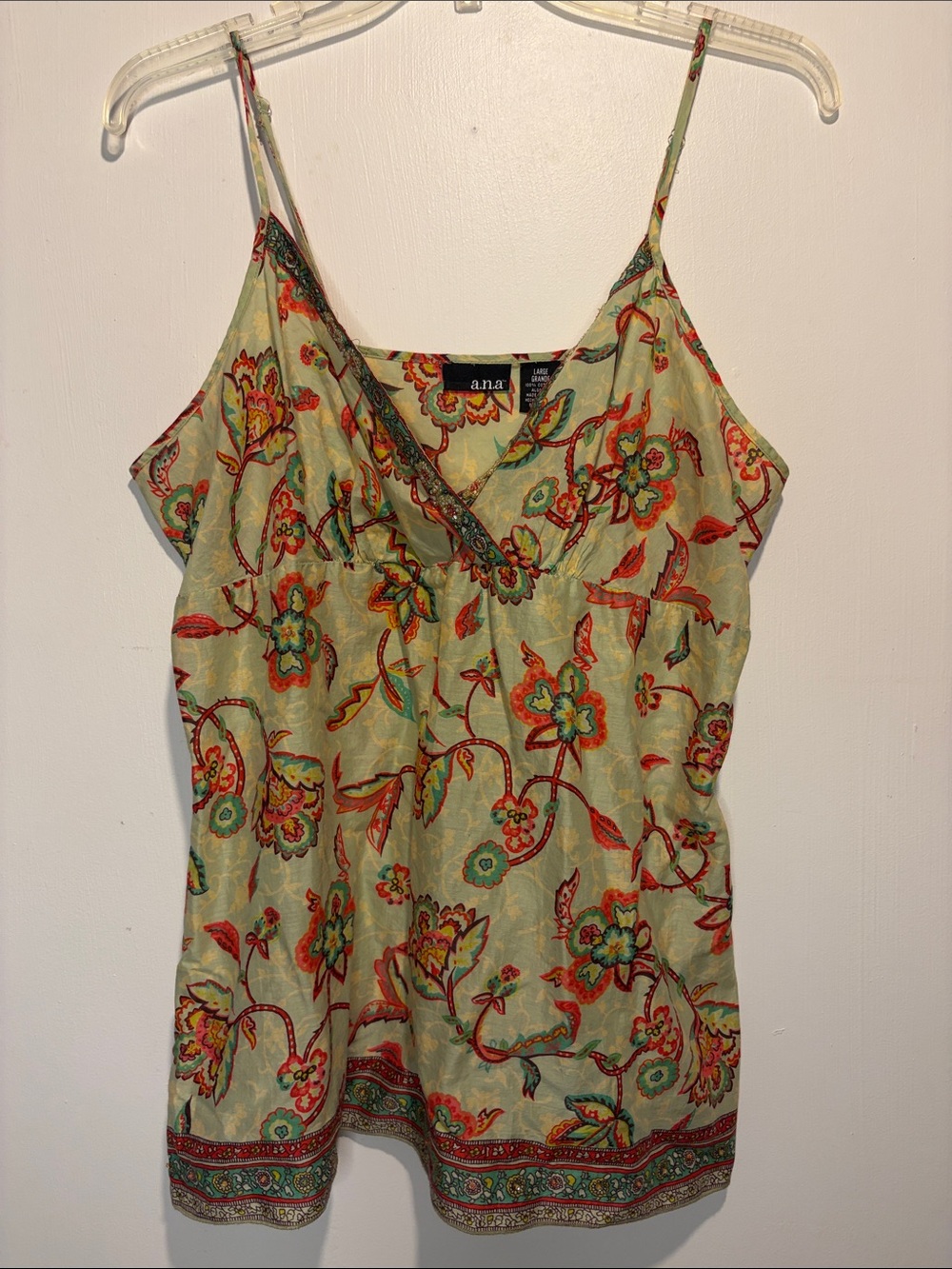 Y2K Vintage Semi Sheer Spaghetti Straps Floral Embroidered Neckline Tank Top L